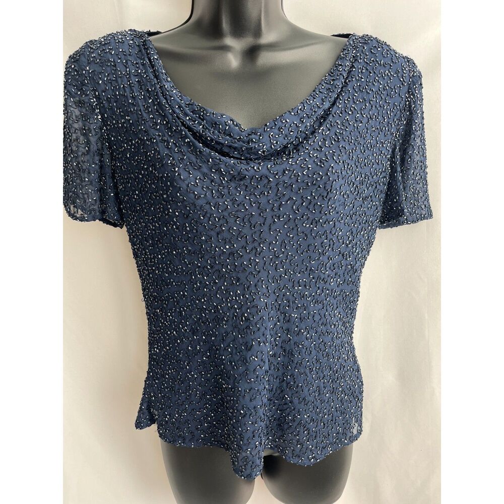 Davids Bridal 100% Silk Beaded Navy Blue Cocktail Evening Blouse Cowl Neck Sze 4
